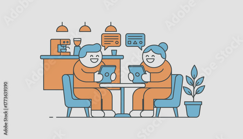 A cozy coffee shop setting where two friends use their tablets engaging in a lively group chat with friends.