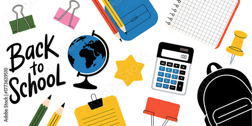 Back to School Supplies and Globe Scattered on a Black Background calculator notebook PNG  Isolated on Transparent Background
