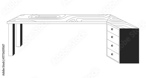 Modern L-shaped wooden desk with storage drawers 2D line object. Office, home workspace furniture with natural woodgrain texture isolated clipart vector ink outline item. Monochrome spot illustration