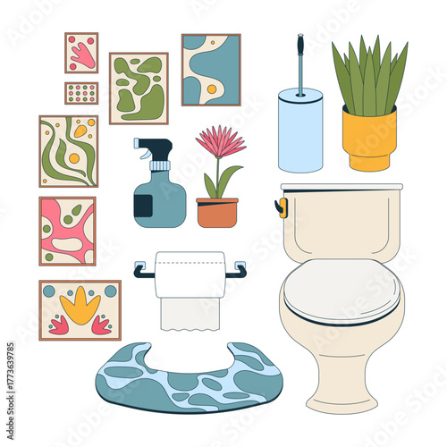 Cozy eclectic toilet decor 2D cartoon objects set. Spray bottle, paper roll, flowerpots, wall art. Bathroom toiletries isolated elements flat vector clip arts on white. Spot illustrations collection