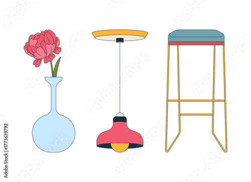 Decorative home decor items 2D cartoon objects set. Peony flower vase, hanging retro pendant lamp, cushioned bar stool isolated elements flat vector clip arts on white. Spot illustrations collection