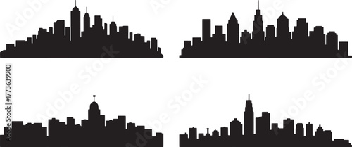 Four black city skyline silhouettes on white background urban cityscape