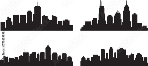Four black city skyline silhouettes with varied building heights and shapes white background