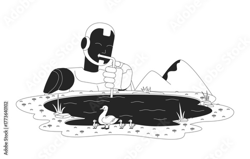 AI environmental footprint line illustration concept. Ecological impact. Resource depletion. Artificial intelligence sips straw from pond outline 2D character isolated. Ink linear metaphor vector art