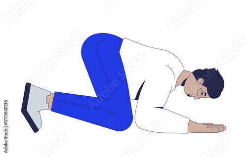 Arab man kneeling in humble bow 2D cartoon character. Apology gesture. Plea. Spiritual middle eastern male adult in prostration pose flat vector person isolated on white. Spot illustration colorful