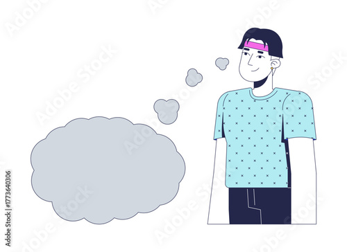 Young asian man thinking with empty thought bubble 2D cartoon character. Thoughts happy. Chinese guy daydreaming contemplating flat vector person isolated on white. Spot illustration colorful