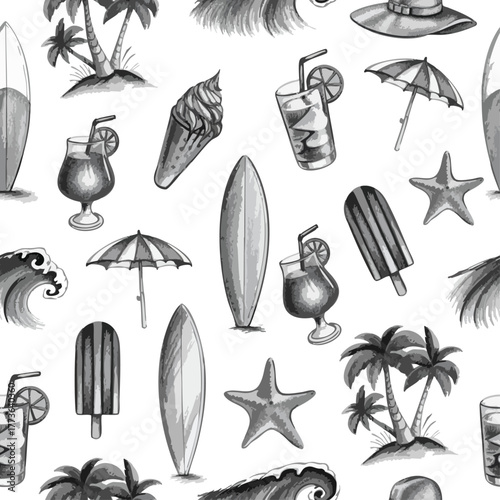 Seamless grayscale beach pattern with surfboards, palm trees, drinks, ice cream, umbrellas, waves, and starfish. Ideal for summer design, packaging, textile, and vacation-themed projects.