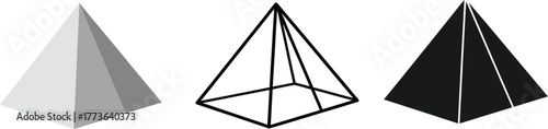 Three pyramid illustrations in gray black and outline on white background