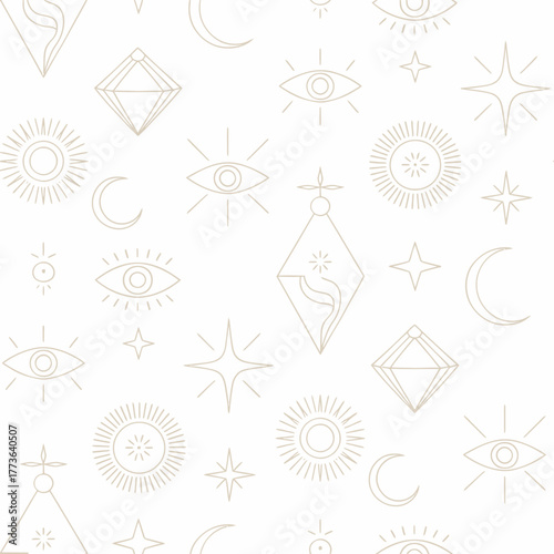 A stylish minimalistic pattern featuring cosmic symbols, including stars, eyes, and moons, perfect for backgrounds or textiles with a hint of mystery and elegance.
