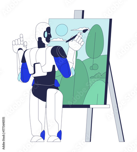 Artificial intelligence painting landscape 2D cartoon character. AI robot painter creating generative artwork on easel flat vector personage isolated on white. Spot illustration colorful