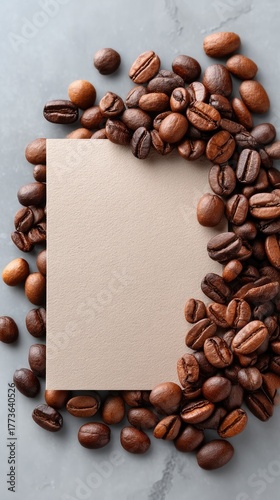 Wallpaper Mural Flat Lay Of Dark Roasted Coffee Beans Arranged Around A Textured Square Paper On A Gray Concrete Surface With Soft Natural Lighting Torontodigital.ca