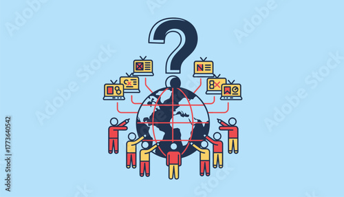 A large question mark above a globe with people from different continents pointing to various news sources representing global confusion.