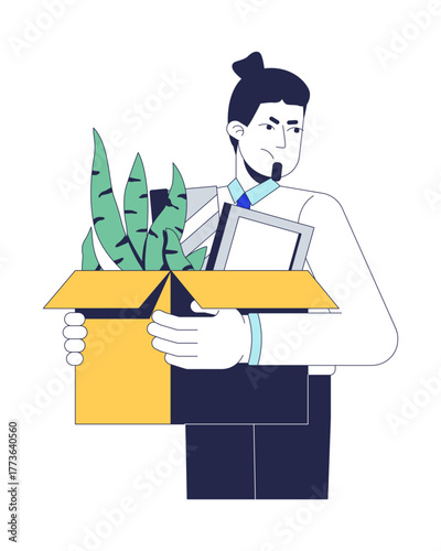 Fired caucasian male employee carrying box with belongings 2D cartoon character. Annoyed displeased office worker corporate layoff flat vector person isolated on white. Spot illustration colorful
