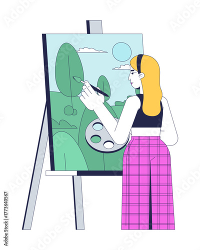 Young blonde woman artist painting nature on easel 2D cartoon character. Art hobby. Caucasian female painter with artistic talent flat vector person isolated on white. Spot illustration colorful