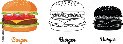 Three burger illustrations in color black and white outline style