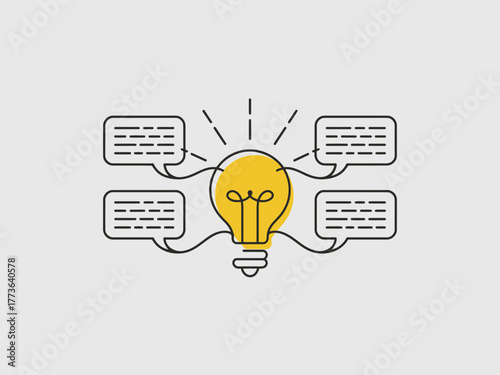 This creative illustration depicts a light bulb as the central idea, surrounded by dialogue bubbles, symbolizing innovation, discussions, and the sharing of ideas.