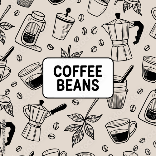 An artistic arrangement of coffee beans and brewing tools showcasing popular coffee-making methods, highlighting the love for coffee culture and beverages in daily life.