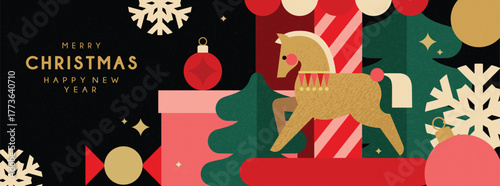 Christmas banner in contemporary flat geometric minimalist style with Christmas carousel. Design for Holiday banners, Christmas greeting card. Vector illustration 