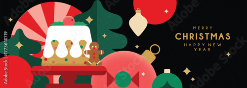 Christmas banner in contemporary flat minimalist geometric style with Christmas cake and gingerbread man. Design for Holiday banners, greeting cards or advent calendar. Vector illustration 
