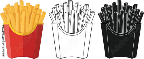 Three versions of french fries in a container on a white background