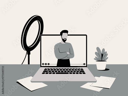 A contemporary workspace featuring a laptop with a virtual meeting scene, highlighting the importance of digital communication in today's work-from-home environment.