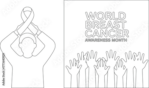 World Breast Cancer Awareness Month Outline with Ribbon, Hands, and Volunteer Illustration