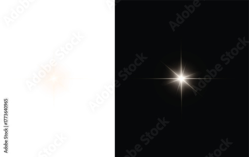 Abstract contrast of a bright glowing light flare against a stark black background beside a soft white space