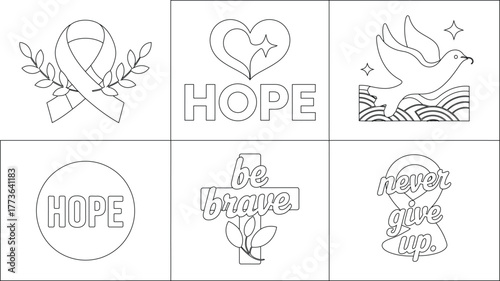 Six Black and White Panels Showing Inspirational Art with Themes of Hope and Bravery