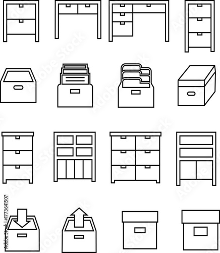 Cabinet vector icon set, office furniture, drawer storage, archive box, and file organizer collection, cupboard and filing cabinet group in black, line style vector illustration