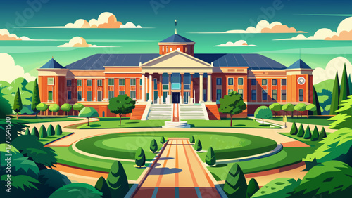 Very beautiful view of Foellinger Auditorium at the University of Illinois Urbana-Champaign, USA, seen from the main quad, featuring classic collegiate architecture, green lawns, and a serene campus a