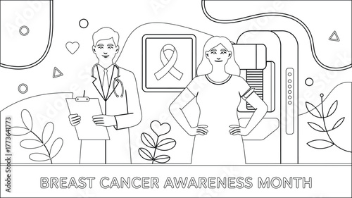 Outlined Breast Cancer Awareness Month Doctor, Mammogram Machine, Patient, Pink Ribbon Symbol