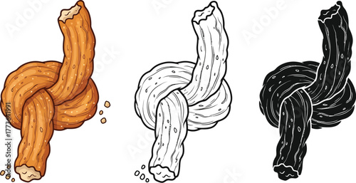 Three pretzel illustrations showing color outline and silhouette style