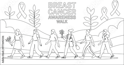 Line Art of Women Walking for Breast Cancer Awareness Walk in Support