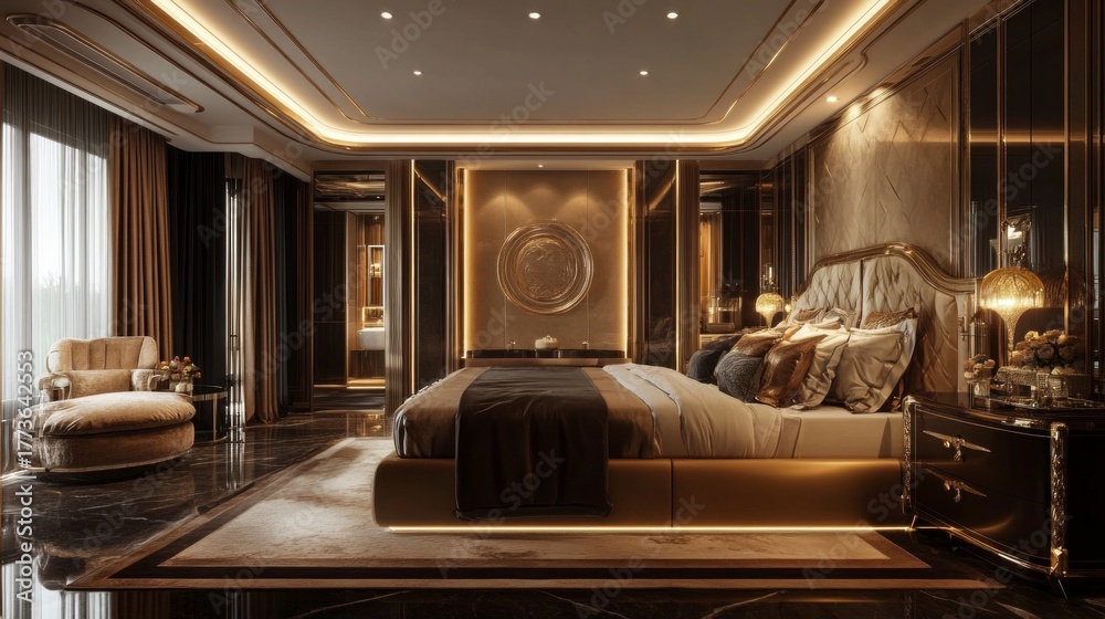 Fototapeta premium A luxurious bedroom with gold accents and soft lighting, creating an atmosphere of cosiness and comfort. Suitable for interior design projects, furniture advertising, and hotels.