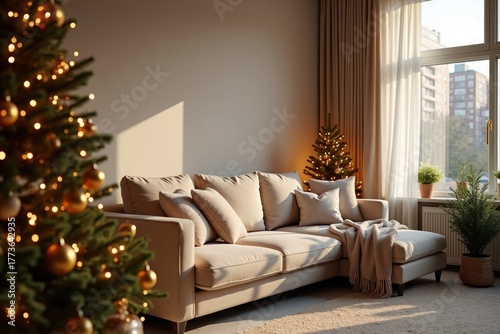 Cozy Christmas living room with decorated trees indoors