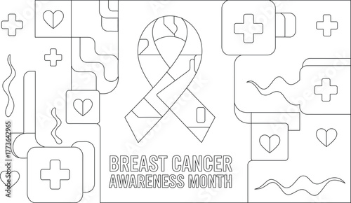 Line Art Breast Cancer Awareness Month Design with Ribbon, Hearts, and Medical Crosses Pattern