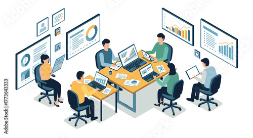 Isometric office meeting with diverse team and analytics presentation