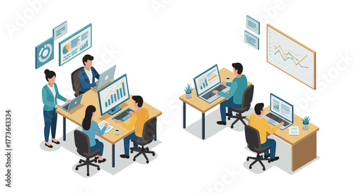 Modern office workspace with business team and technology in isometric style