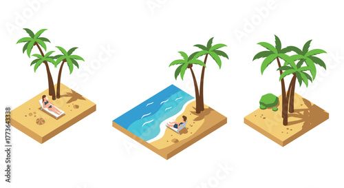 Relaxing beach isometric design with palm trees and sunbathers enjoying the shoreline