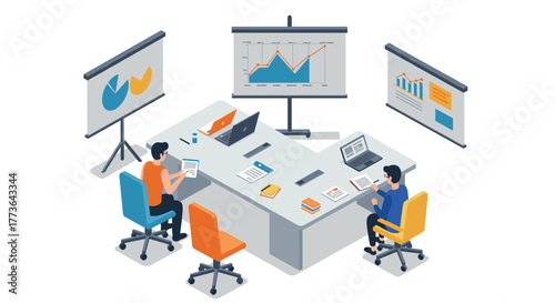 Business meeting in modern office with isometric charts and data analysis