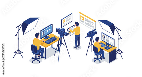 Broadcast studio isometric design with video editing and camera setup
