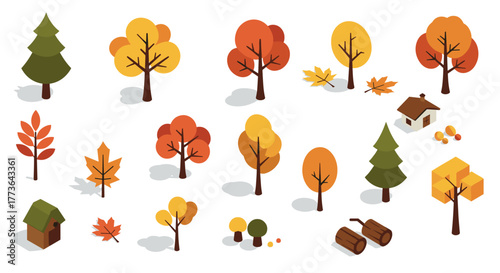 Autumn trees and forest elements in vibrant isometric style