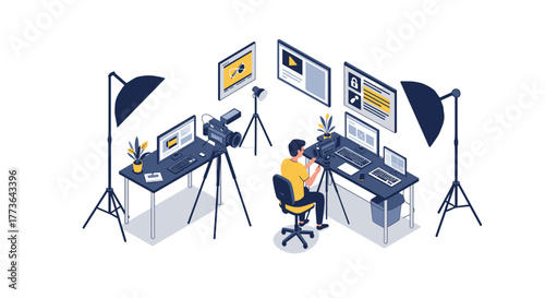 Isometric office setup for video production with dual monitors and professional equipment