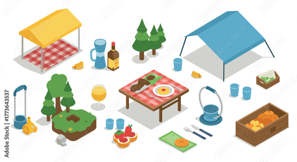 Fototapeta premium Isometric camping picnic with tents and outdoor dining setup