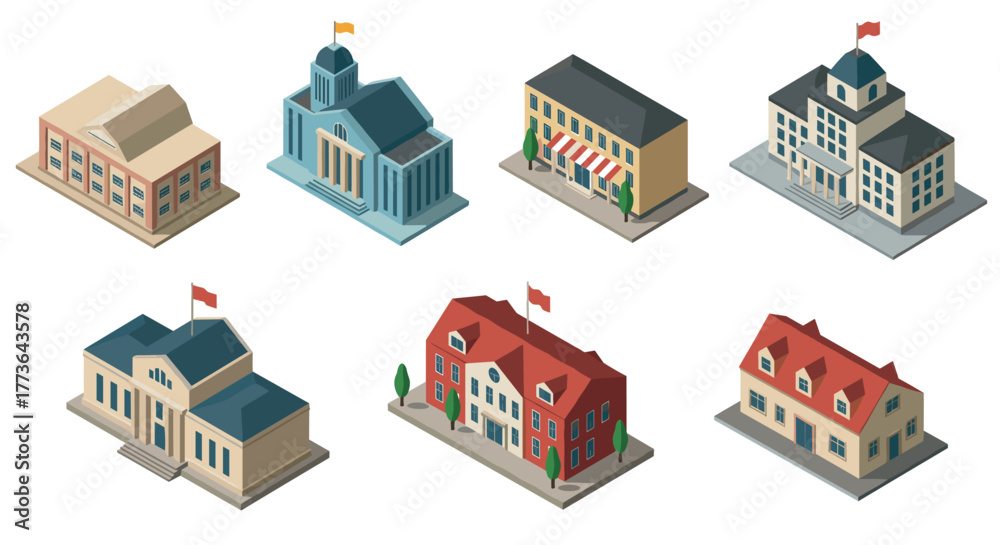 Fototapeta premium Charming isometric buildings with flags and architectural detailing