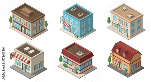 Charming isometric buildings collection with diverse roof styles and colors