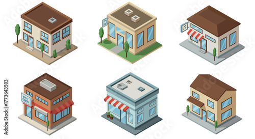 Isometric buildings set: diverse commercial storefronts and shops collection