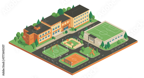 Isometric school campus with playground and sports facilities in urban setting
