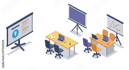 Modern isometric office setup with presentation screens and desks
