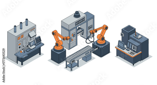 Isometric factory automation with robotic arms and conveyor system